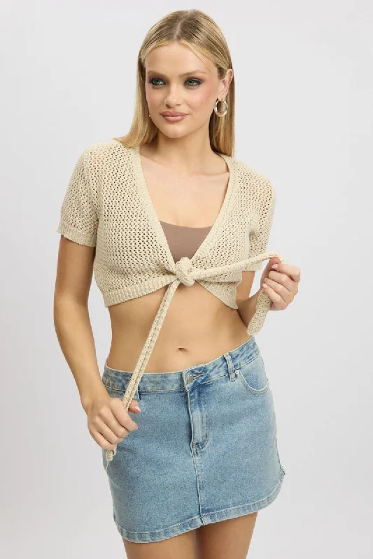 Women's Peter Pan Collar SweatersBeige Crochet Knit Cardigan Tie Up