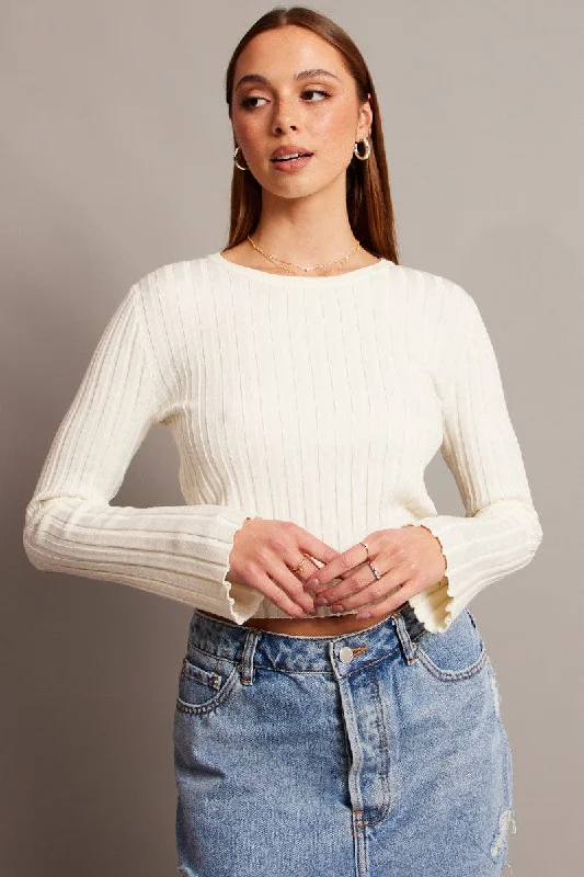 Women's Shirt Collar SweatersWhite Crop Jumper Boat Neck Long Sleeve