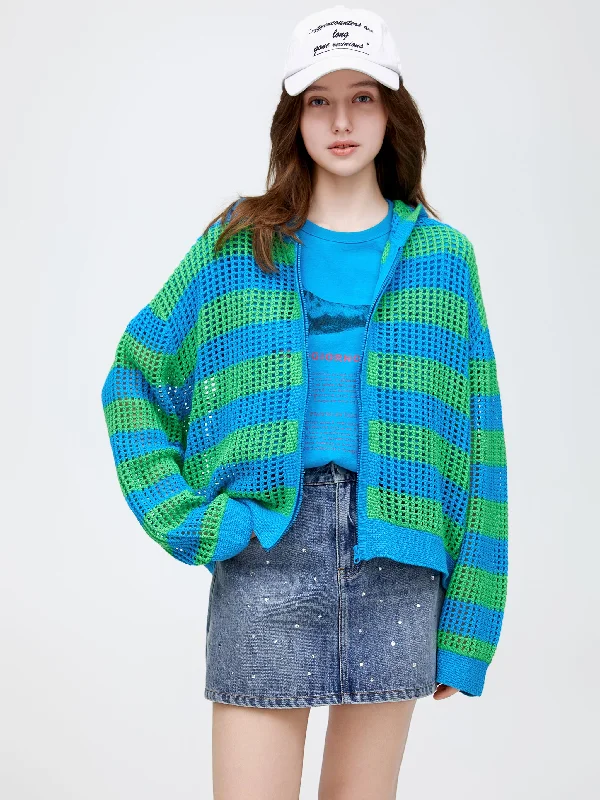 Women's Slovak Wool SweatersBlue And Green Striped Cardigan