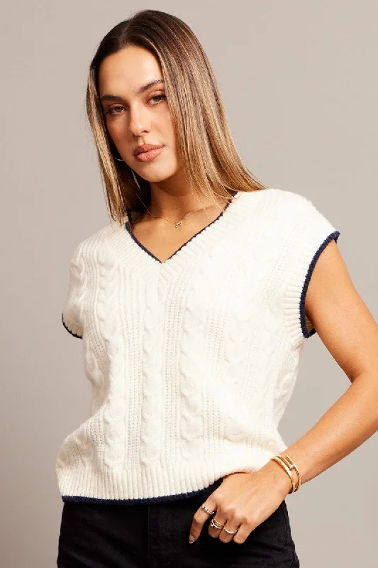 Women's High Collar SweatersWhite Knit Vest V Neck