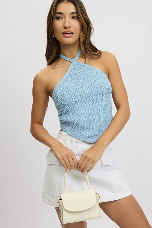 Women's Smocked SweatersBlue Knit Top Halter Neck