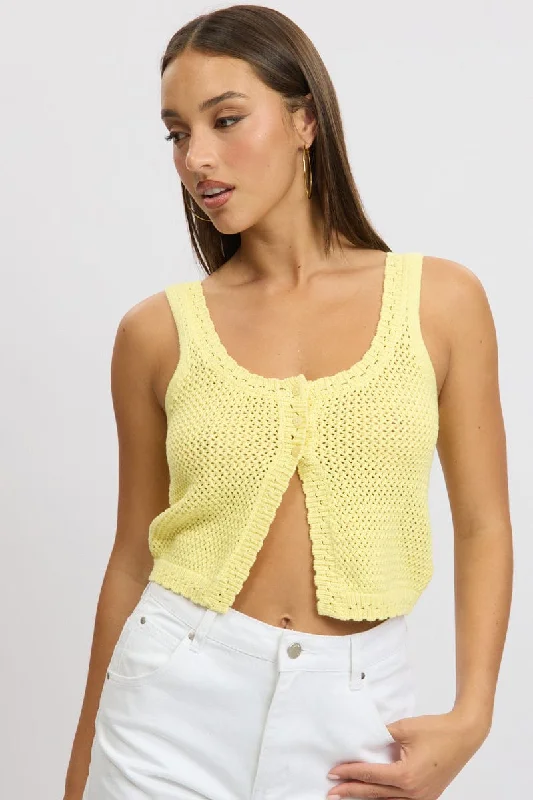 Women's Narrow Collar SweatersYellow Crochet Knit Vest