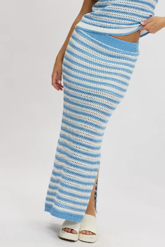 Women's Woolen SweatersBlue Stripe Crochet Knit Skirt Elastic Waist Midi Lined