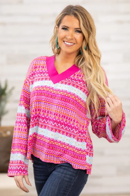 Women's Graphic SweatersHot Pink and Yellow Aztec Print-V-Neck Sweater