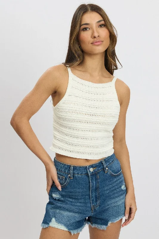 Women's Estonian Wool SweatersWhite Crochet Knit Tank Top