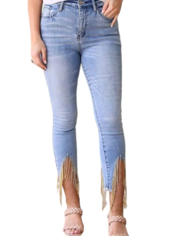 Women's Jodhpurs with ButtonsRhinestone Fringe Skinny Jeans In Blue