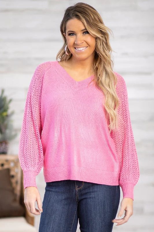 Women's V-Neck SweatersPink Pointelle Sleeve Detail Sweater