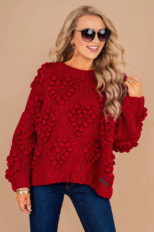 Women's Shawl Collar SweatersLove You More Red Pompom Sweater