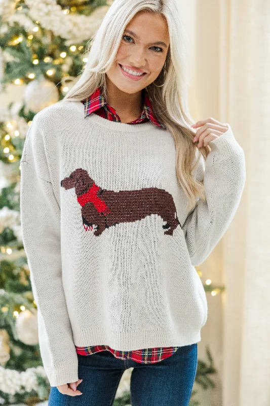 Women's Boat Collar SweatersHome For The Holidays Cream Dachshund Sweater