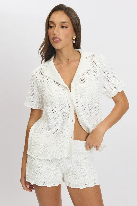 Women's Boat Collar SweatersWhite Crochet Knit Cardigan Collared