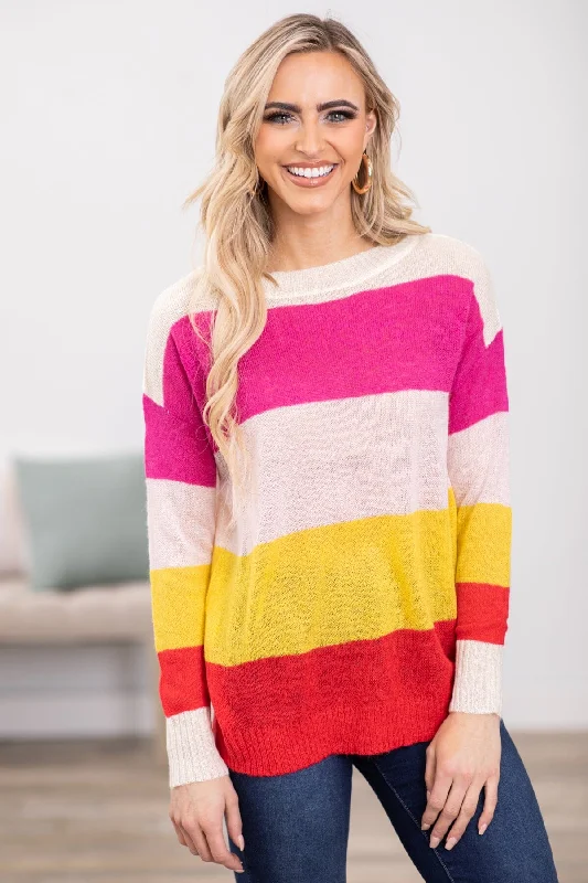 Women's High Collar SweatersHot Pink and Yellow Colorblock Sweater