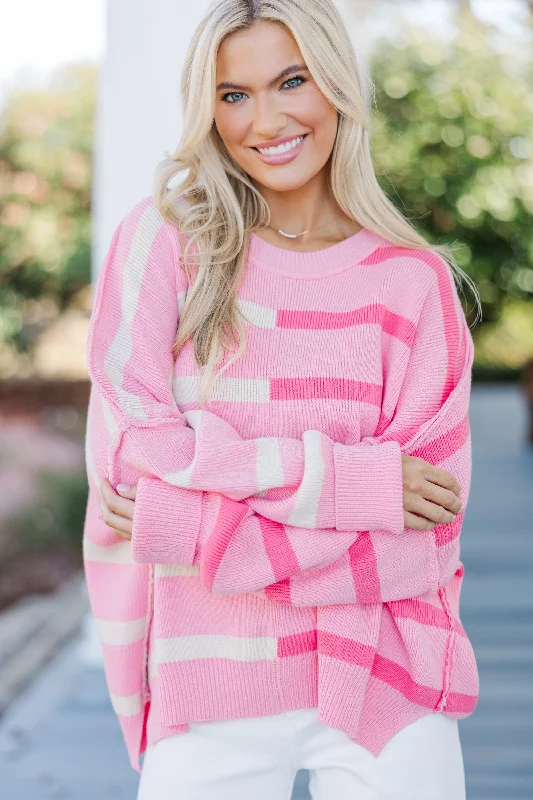 Women's Polyester SweatersGive You Joy Pink Striped Sweater