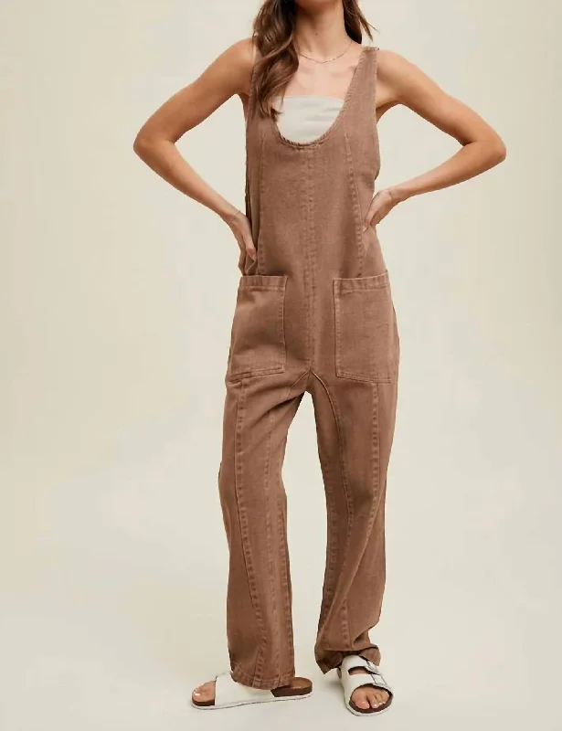 Women's Jodhpurs with Rounded CollarCotton Denim Overall In Mocha