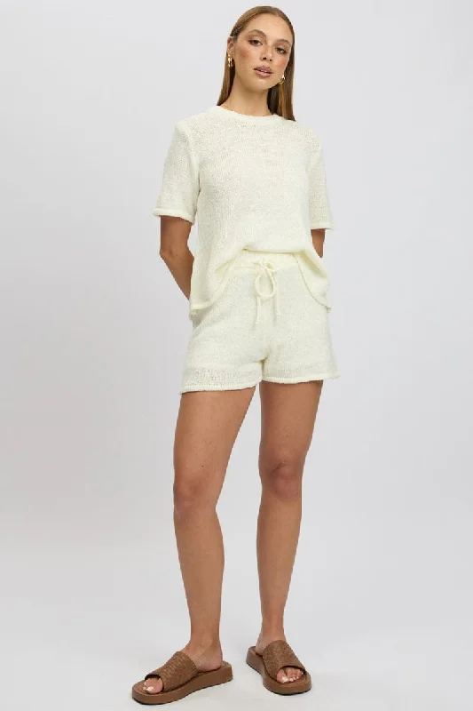 Women's High Collar SweatersWhite Knit Shorts Elasticated Waist