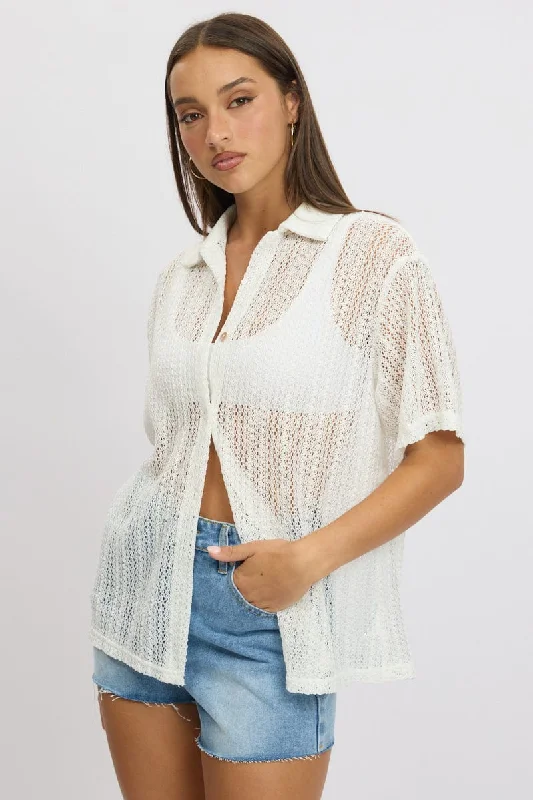 Women's Cropped Length SweatersWhite Crochet Collar Cardigan Short Sleeve