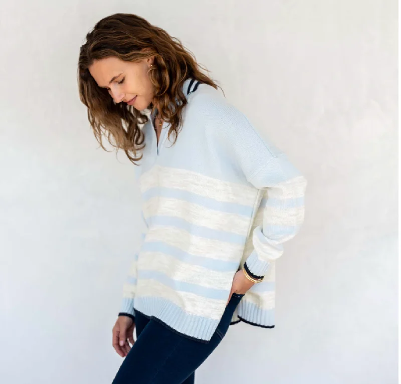 Women's Czech Wool SweatersD Marina Polo Sweater - Sky + Sea Salt