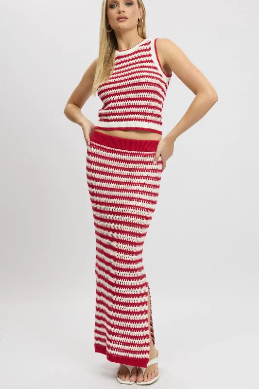 Women's Fitted SweatersRed Stripe Crochet Knit Skirt Elastic Waist Midi Lined