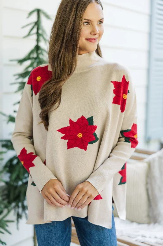 Women's Sweetheart Collar SweatersQuick Decisions Oatmeal Poinsettia Sweater