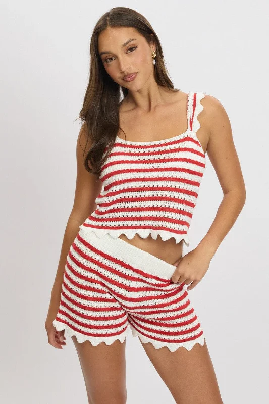 Women's Lapel Collar SweatersRed Stripe Crochet Knit Top