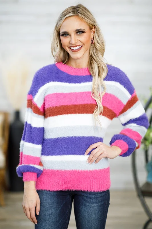 Women's Frilled SweatersHot Pink and Purple Multicolor Stripe Sweater