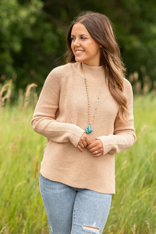 Women's Sweetheart Neck SweatersBeige Ribbed Mock Neck Sweater