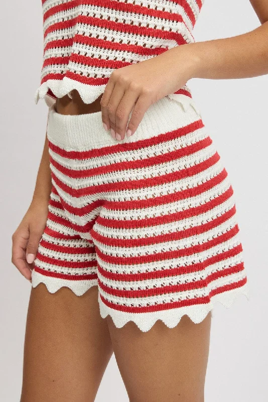 Women's Peter Pan Collar SweatersRed Stripe Knit Shorts Elasticated Waist