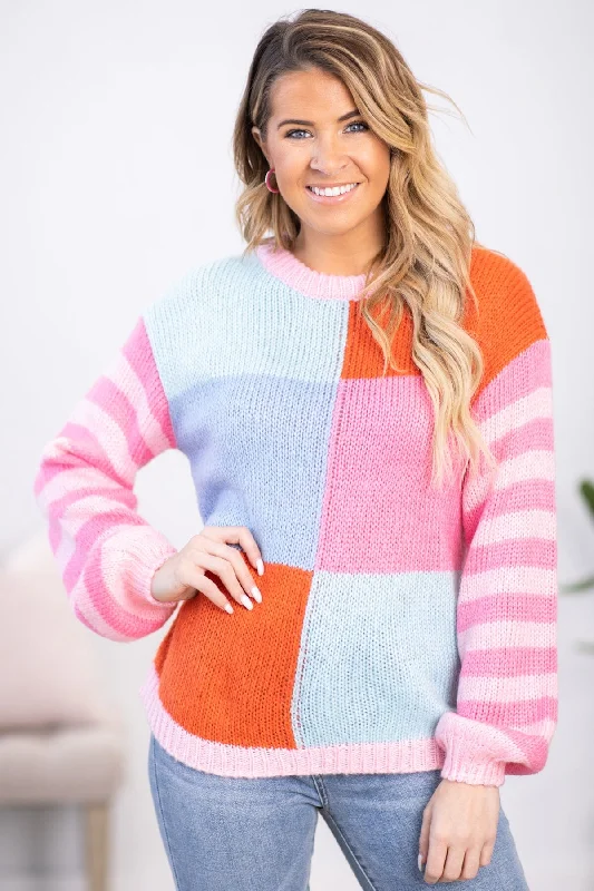 Women's U-Shaped Collar SweatersPink and Blue Colorblock Stripe Sleeve Sweater