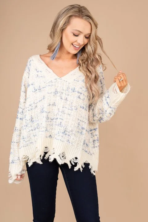 Women's Keyhole Collar SweatersMore to Come Ecru White Distressed Sweater