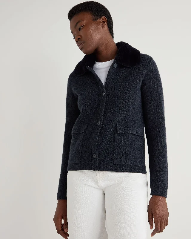 Women's Square Collar SweatersWomen's Herringbone Cashmere Jacket with Fur Trim Navy Blue