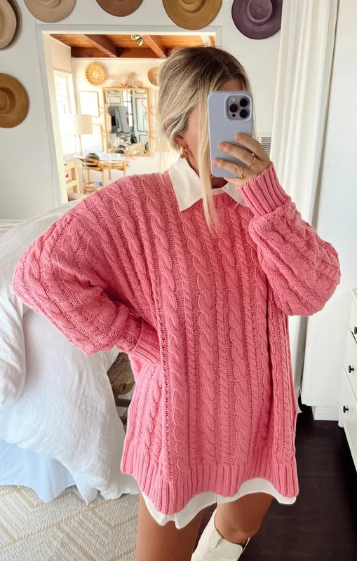 Women's Pullover SweatersDay to Day Tunic Sweater ~ Pink Cable Knit