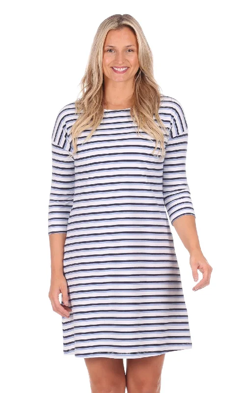 Women's High Collar DressesErin Dress in Navy, White & Hydrangea Stripe