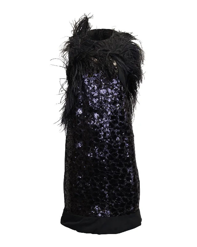 Women's U-Shaped Collar DressesHugo Boss Dhaya Feather-Trimmed Sequined Dress in Black Polyester