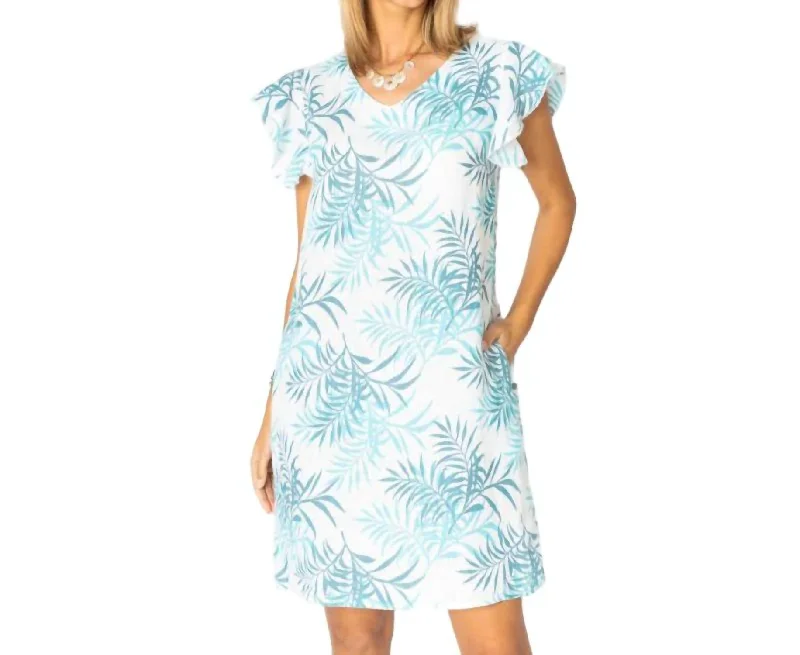 Women's Off-Shoulder DressesLeaf Printed Linen Dress In Teal