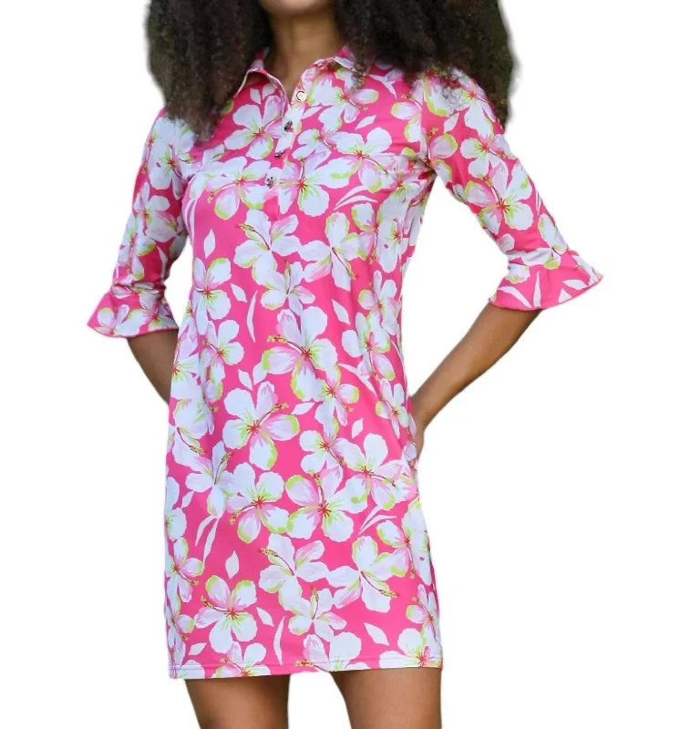 Women's Shirt Collar DressesMarin Flounce Sleeve Polo Dress In Pink/multi