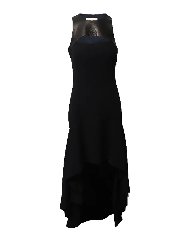 Women's Wide Collar DressesMichael Kors Halter Mullet Hem Evening  Dress in Black Wool and Leather