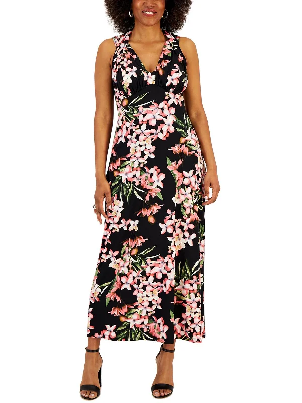 Women's Boat Collar DressesPetites Womens Floral Long Halter Dress