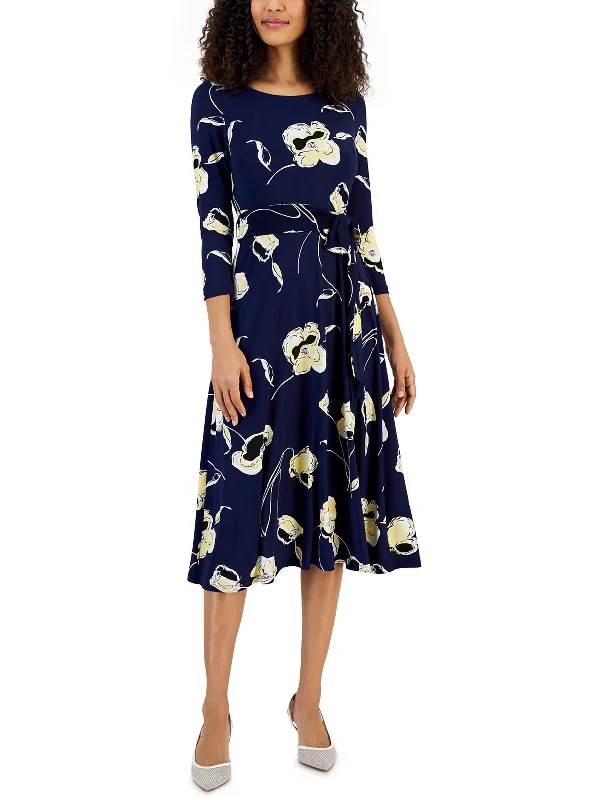 Women's High Collar DressesPetites Womens Floral Print Knee-Length Wear To Work Dress