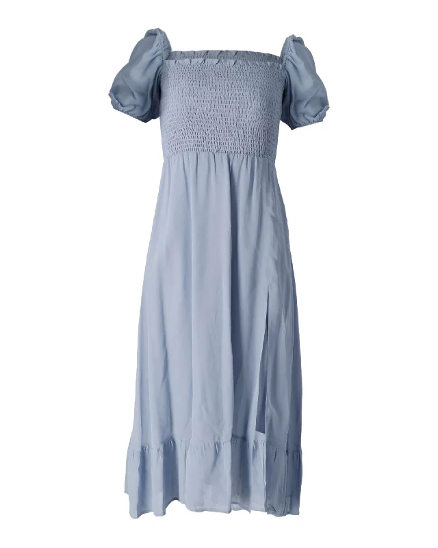 Women's Fit and Flare DressesReformation Smocked Puff Sleeve Dress in Light Blue Viscose