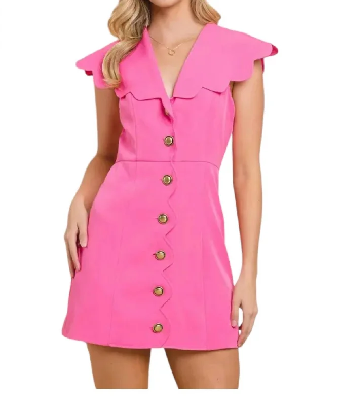 Women's V-Shaped Collar DressesScalloped Detail Dress In Hot Pink