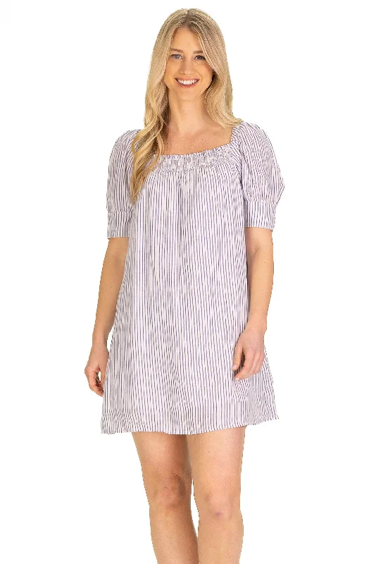 Women's V-Shaped Collar DressesThe Vera Dress in Blue Gauze Stripe