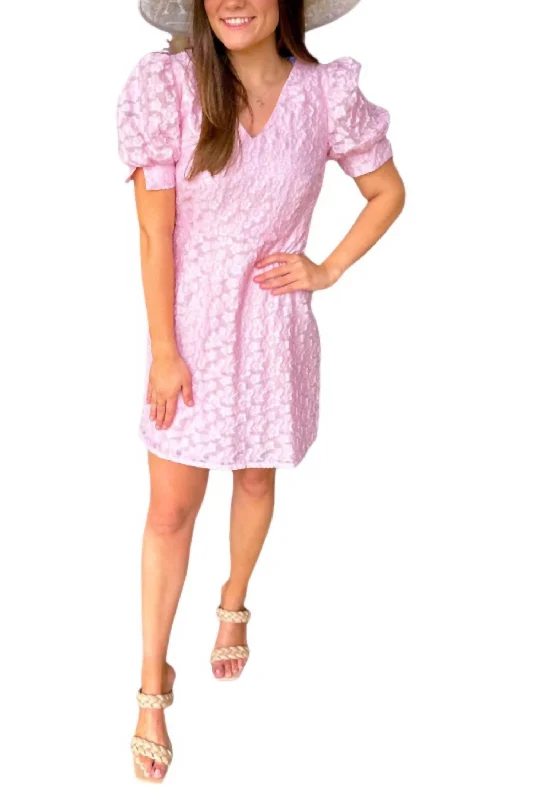 Women's Wide Collar DressesV-Neck Gathered Sleeve Dress In Bright Pink