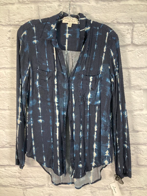 Women's Blouse with Narrow CollarTop Long Sleeve By Cloth & Stone In Blue & White, Size: S