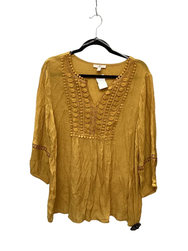 Women's Blouse with FrillsTop Long Sleeve By Como Vintage In Yellow, Size: L