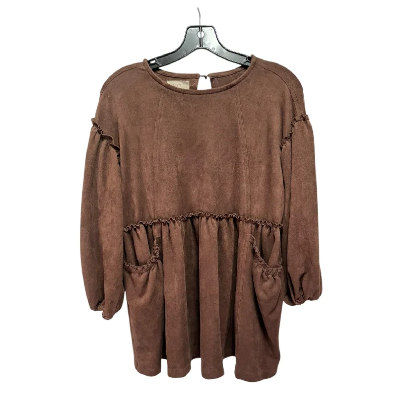 Women's Blouse with Straight HemFaux Suede Top Long Sleeve By Chelsea And Violet In Brown, Size: L