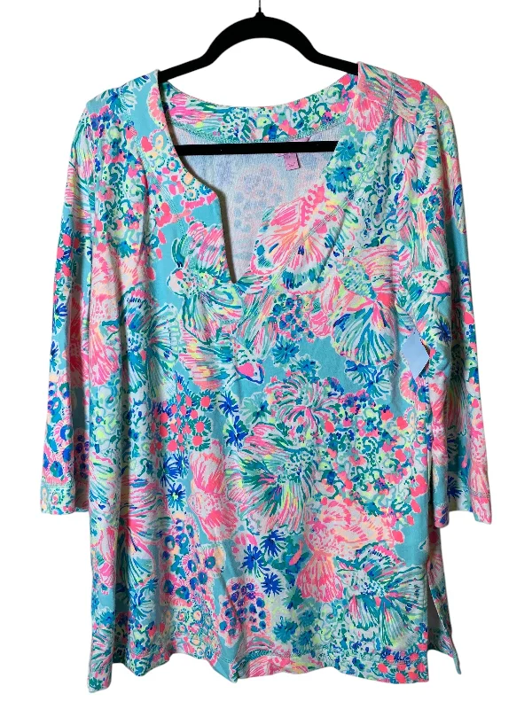 Women's Blouse with Collarless DesignTop 3/4 Sleeve By Lilly Pulitzer In Multi-colored, Size: L