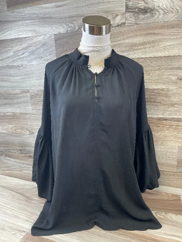 Women's Blouse with Lapel CollarTop 3/4 Sleeve By Loft In Black, Size: L