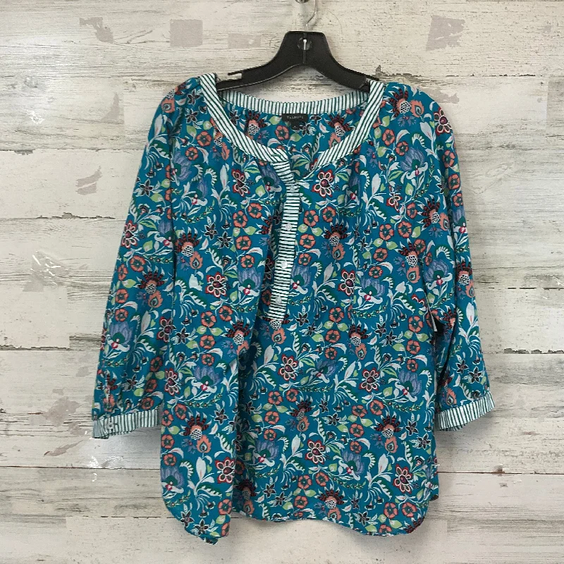 Women's Blouse with Square CollarTop 3/4 Sleeve By Talbots In Blue, Size: Xl