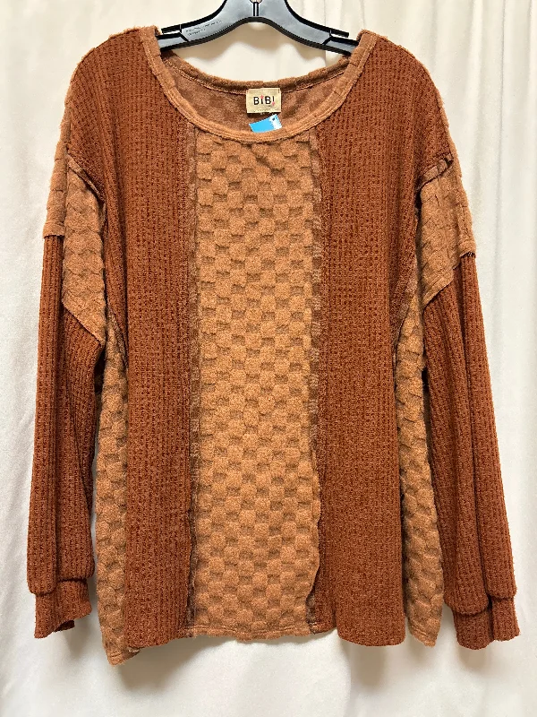 Women's High-Neck BlouseTop Long Sleeve By Bibi In Brown, Size: 2x