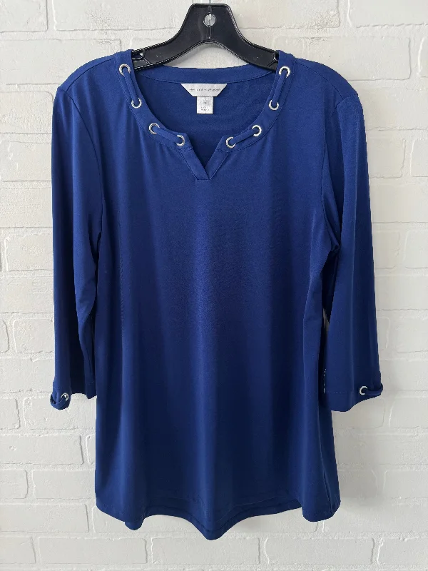 Women's Blouse with Peter Pan CollarTop Long Sleeve By Christopher And Banks In Blue, Size: M