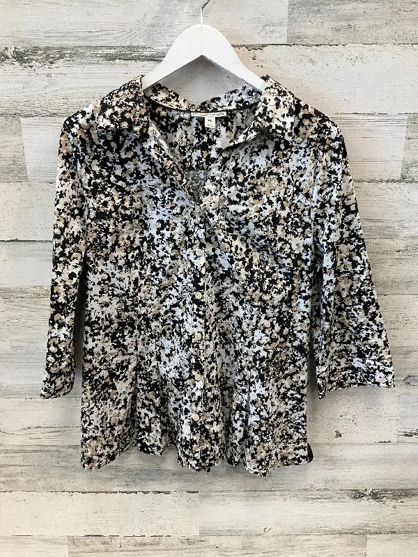 Women's Blouse with Rounded CollarTop Long Sleeve By Dana Buchman In Black & White, Size: Xl